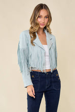 Load image into Gallery viewer, BLUE FAUX SUEDE FRINGED WESTERN MOTO JACKET: SMALL
