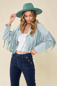 BLUE FAUX SUEDE FRINGED WESTERN MOTO JACKET: SMALL