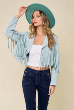 Load image into Gallery viewer, BLUE FAUX SUEDE FRINGED WESTERN MOTO JACKET: SMALL
